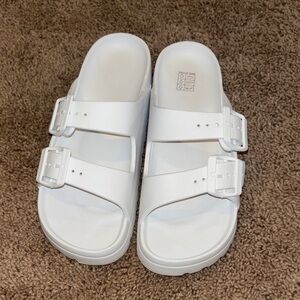 White Double-Buckle Slide Sandals
